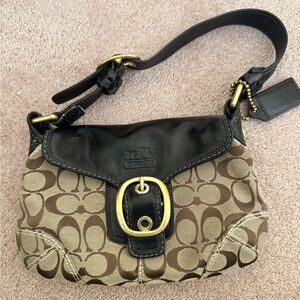 Coach Brown Signature Canvas Shoulder Bag with Black Leather Trim